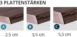 3 Plattenstärken: A=2,5 cm, B=3,5 cm, C=5,5 cm