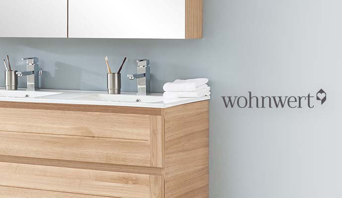 wohnwert, Waschtischunterschrank in hellem Holz der Serie Capri