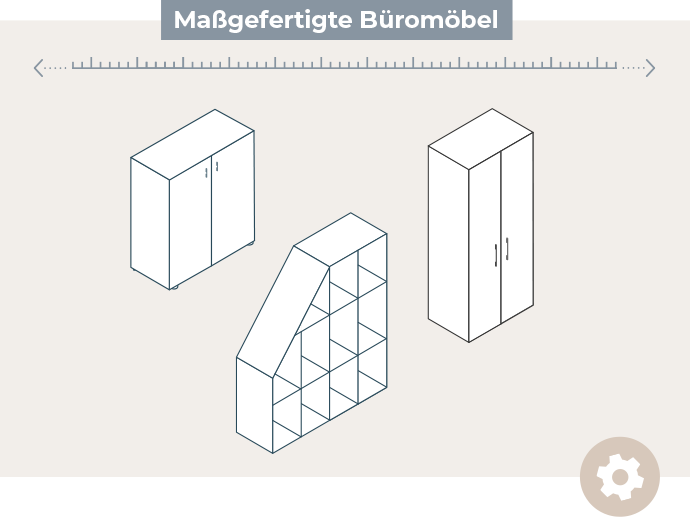 Zeichnung von Büromöbeln vor beigem Hintergrund