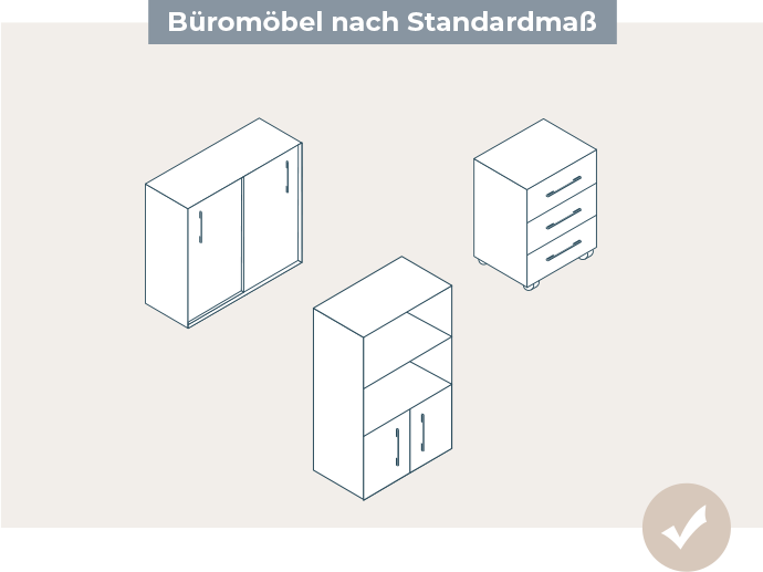 Zeichnung von Büromöbeln vor beigem Hintergrund