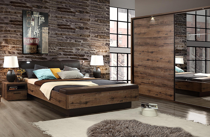 Schlafzimmerserie in Industrial-Look, dunkle Holz-Optik und schwarze Akzente