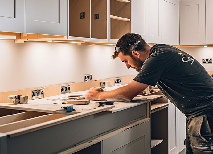 Küchen-Monteur arbeitet am Aufbau einer neuen Küche
