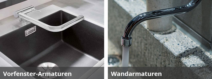 Beispiel für eine geklappte Vorfenster-Armatur und eine Wandarmatur