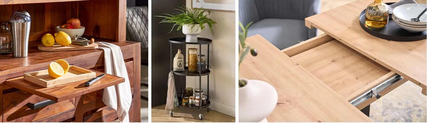 Collage aus 3 Bildern. Bild 1: Buffetschrank in dunklem Holz mit ausziehbarer Arbeitsfläche. Bild 2: kleiner, runder Servierwagen mit Vorratsgläsern. Bild 3: Detailbild ausziehbarer Esstisch.