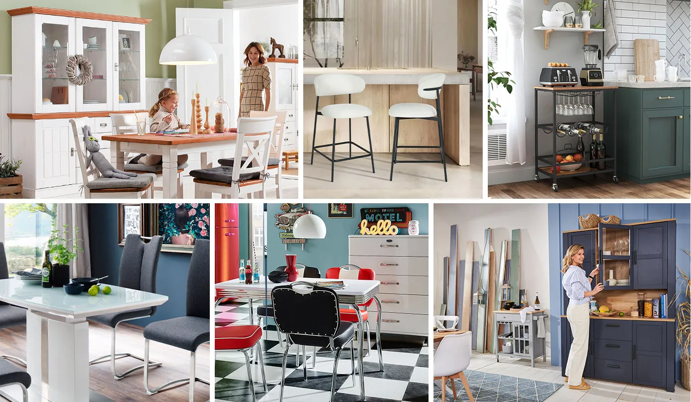 Collage aus 6 Bildern. Bild 1: Küchenbuffet, Esstisch & Stühle im Landhausstil, Weiß mit honigbraunen Holzakzenten. Bild 2: moderner Küchentresen in Betronoptik mit 2 Barstühlen mit schwarzem Gestell & weißem Polster. Bild 3: Servierwagen aus dunklem Metall und Holz, mit Flaschenablage und Glashalter. Bild 4: Moderner Esstisch mit Glasplatte und weißem Säulengestell, 2 Kufenstühle mit chromfarbenem Gestell & grauem Polster. Bild 5: Esszimmer mit Schachbrettmuster-Fußboden, Retro-Tisch & Stühle im Diner-Stil. Bild 6: Küchenbuffet im Landhausstil, Dunkelgrau mit hellem Holz.