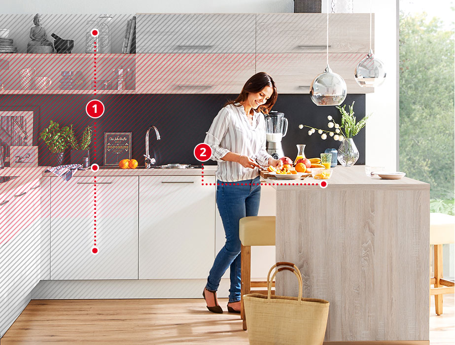 Küche mit Markierung der Ergonomie-Ebenen und der Ellenbogenhöhe
