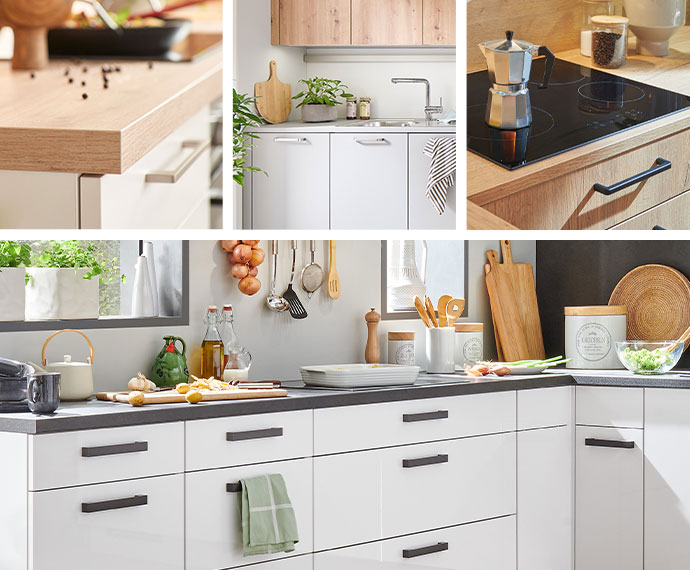 Detailbilder: Arbeitsplatte in Holzoptik, klassische hellgraue Fronten, Kochfeld in Arbeitsplatte in Holzoptik. Weiße Eck-Küche mit grauer Arbeitsplatte