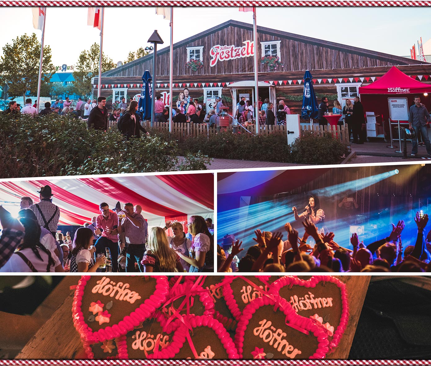 Collage aus 4 Bildern: Höffner Festzelt mit Menschen davor, Feiernde in Tracht, Antonia auf der Bühne und jubelnde Fans, Höffner Lebkuchenherzen