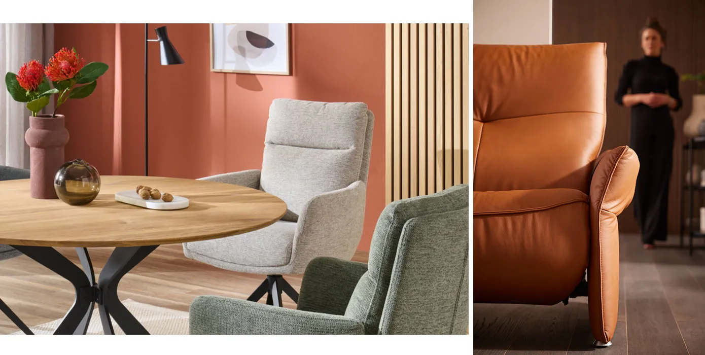 Runder Holzesstisch mit schwarzem Gestell, grüner und grauer Polsterstuhl, Deko in einem Esszimmer. Detail einer orangen Ledercouch mit einer Frau im Hintergrund. 