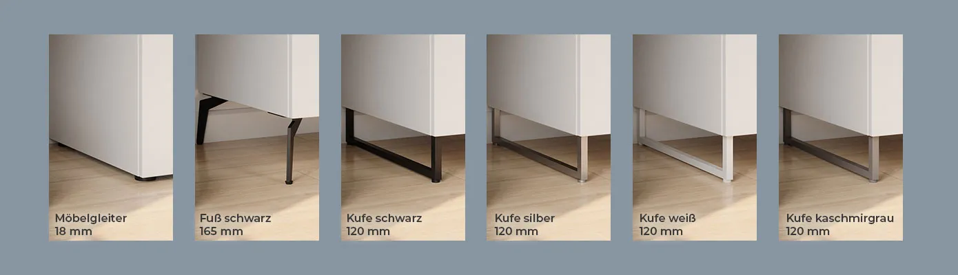 Übersicht aller Gestell-Optionen, weiße Kommode mit dem jeweiligen Gestell und Erklärung zu Optik und Höhe: Möbelgleiter 18 mm, Fuß schwarz 165 mm, Kufe schwarz 120 mm, Kufe silber 120 mm, Kufe weiß 120 mm, Kufe kaschmirgrau 120 mm