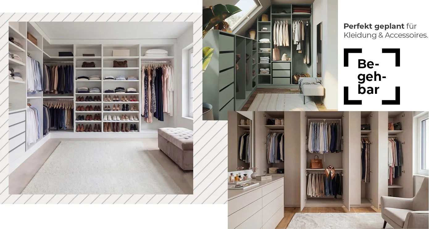 Begehbar: Perfekt geplant für Kleidung & Accessoires. Collage. Ankleidezimmer mit weißem offenen Schrank in L-Form mit viel Kleidung, Schuhen und Taschen, rosa Hocker, Deko. Ankleidezimmer mit beigem Einbauschrank mit Drehtüren, beige Kommode, Kleidung, Schuhe und Taschen, Deko. Begehbarer, offener Kleiderschrank in Grün mit Dachschräge links, grüner Drempelschrank ohne Türen, Kleidung, Taschen, Polsterbank, Deko.