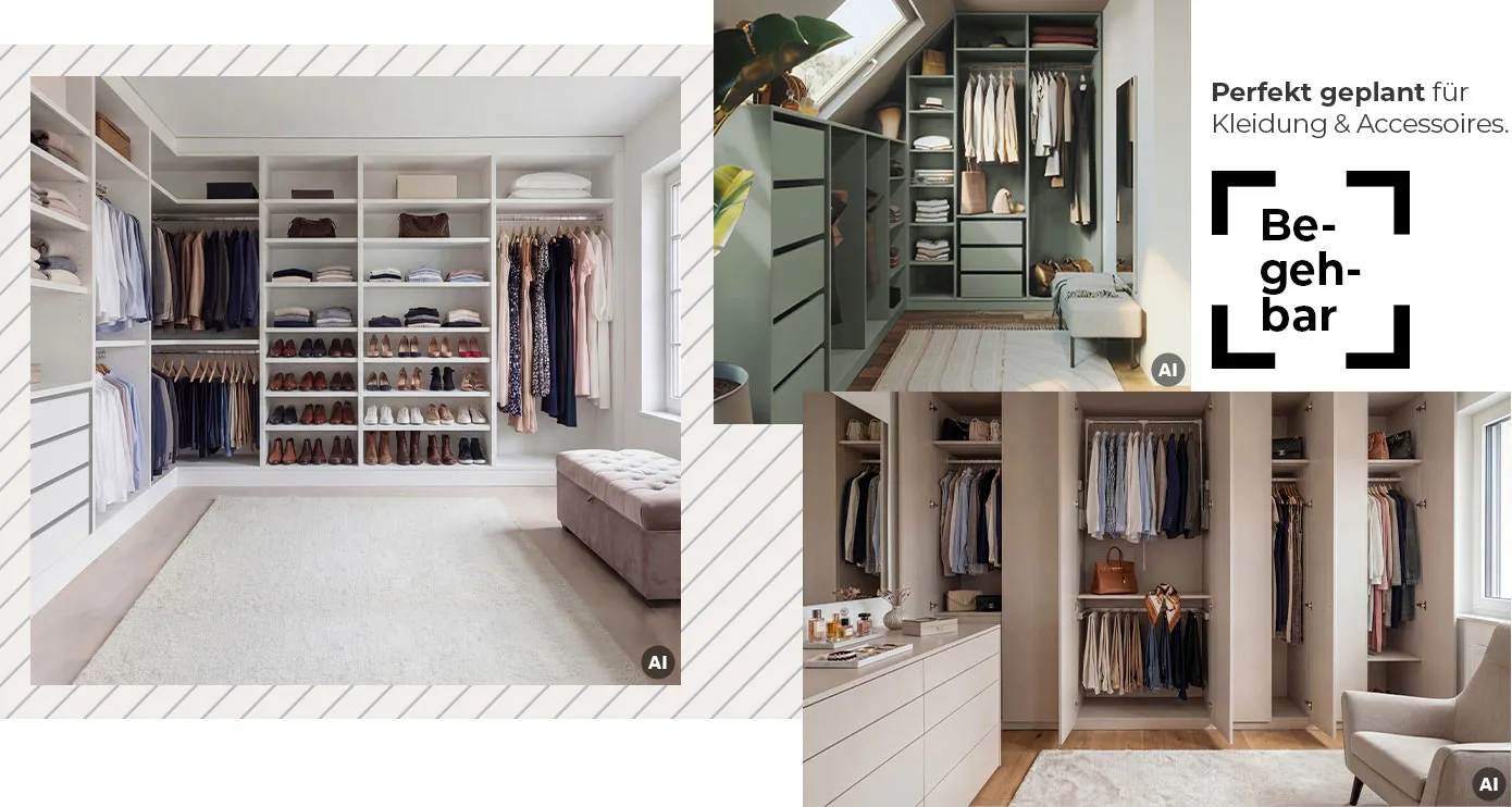 Begehbar: Perfekt geplant für Kleidung & Accessoires. Collage, aus AI-generierten Bildern: Ankleidezimmer mit weißem offenen Schrank in L-Form mit viel Kleidung, Schuhen und Taschen, rosa Hocker, Deko. Ankleidezimmer mit beigem Einbauschrank mit Drehtüren, beige Kommode, Kleidung, Schuhe und Taschen, Deko. Begehbarer, offener Kleiderschrank in Grün mit Dachschräge links, grüner Drempelschrank ohne Türen, Kleidung, Taschen, Polsterbank, Deko.