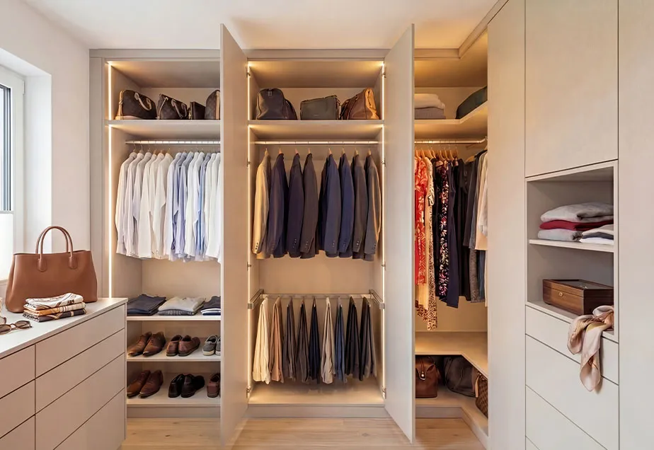 Ankleidezimmer mit beigem Ecktschrank mit Beleuchtung und teilweise ohne Türen, Kleidung, Schuhe und Taschen. Kommode in Beige mit Accessoires darauf.
