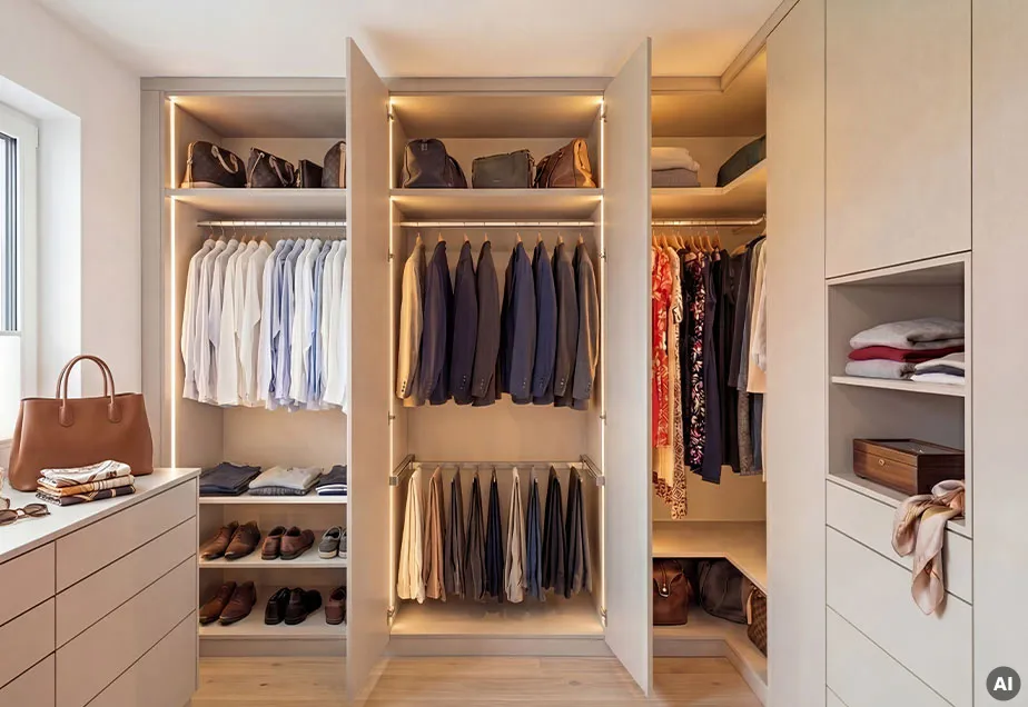 AI-generiert: Ankleidezimmer mit Schubladenkommode in Creme, darauf braune Handtasche und Accessoires, Eckkleiderschrank in Creme, Türen teilweise geöffnet, mit Beleuchtung innen und Kleidung und Schuhen. Offenes Fach mit Kleidung und Schmuckdose