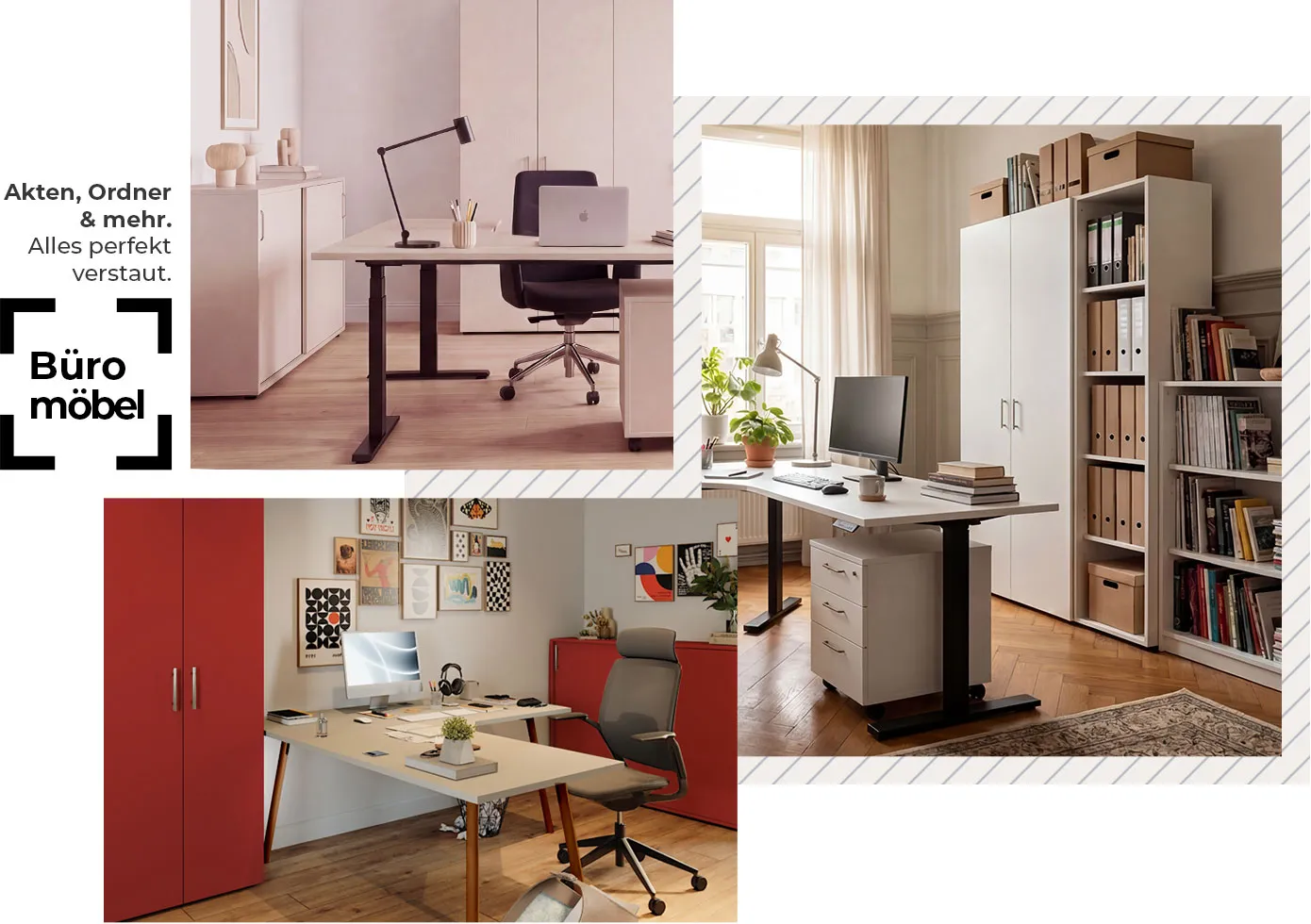 Büromöbel. Akten, Ordner & mehr. Alles perfekt verstaut. Collage aus 3 Arbeitszimmern mit Büromöbeln in Weiß, Hellgrau und Rot, Deko und Büromaterial.