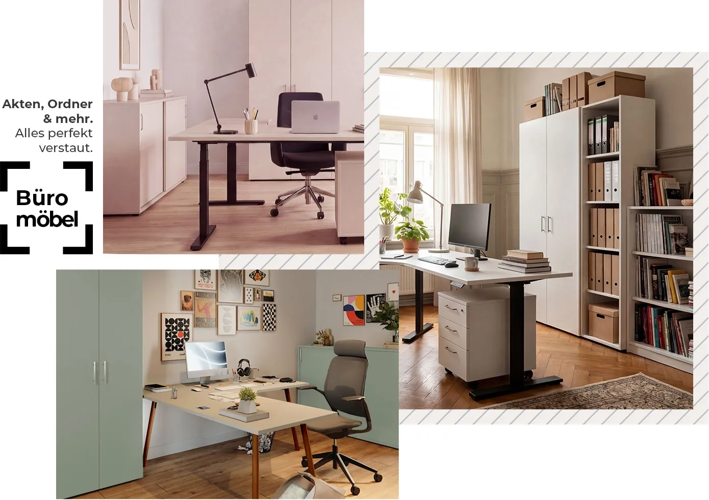 Büromöbel. Akten, Ordner & mehr. Alles perfekt verstaut. AI-generierte Collage aus 3 Arbeitszimmern mit Büromöbeln in Weiß, Hellgrau und Salbeigrün, Deko und Büromaterial.