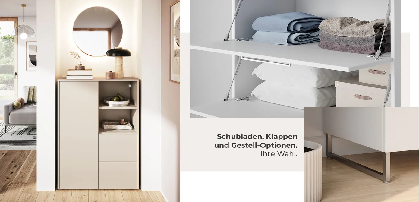 Schubladen, Klappen oder Gestell-Optionen. Ihre Wahl. Collage aus 3 Bildern. Bild 1: Kommode in schmaler Nische. Bild 2: Detailbild einer weißen Kommode mit Klappen, Deko. Bild 3: Detailbild einer weißen Kommode mit silberfarbigem Metall-Kufengestell.