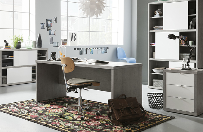 Puristische Büroserie in Betonoptik und Weiß