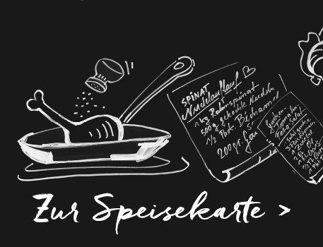 schwarze Tafel mit weißer Kreide "Zur Speisekarte"