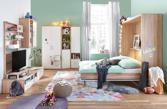 Kinderzimmermöbel in Holzoptik und Weiß, Schrank-Klappbett