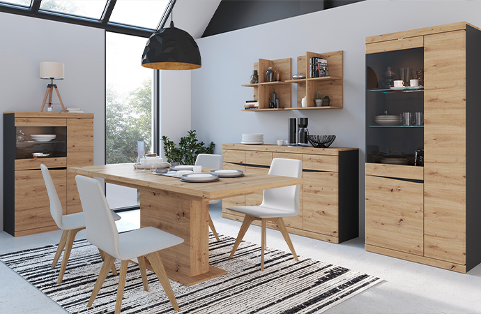 Grifflose Möbel für das Esszimmer in Asteiche (Nachbildung) und Anthrazit 