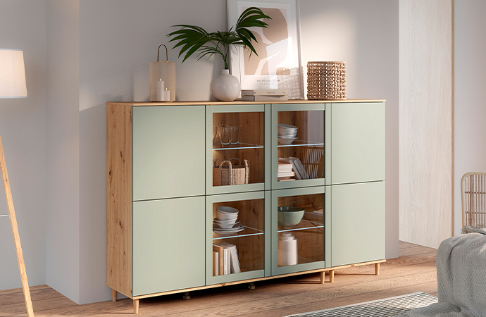 Highboard in Salbeigrün, modulares Baukastensystem 