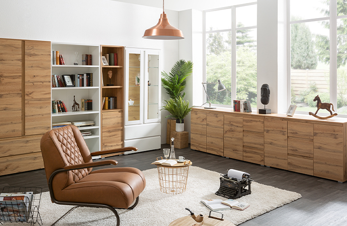 Grifflose Wohnzimmer Serie in Holzoptik und Weiß