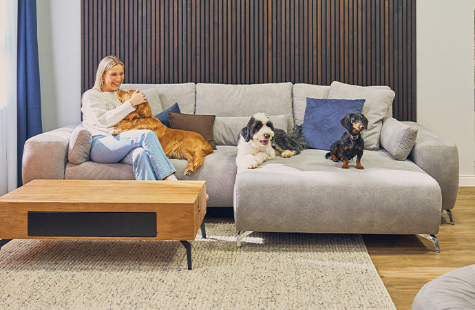 Frau sitzt mit 3 Hunden auf hellgrauem Sofa