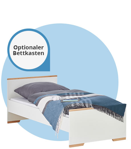 weißes Jugendbett mit blauer Bettwäsche vor einem runden blauen Kreis mit dem Hinweis "Optionaler Bettkasten"