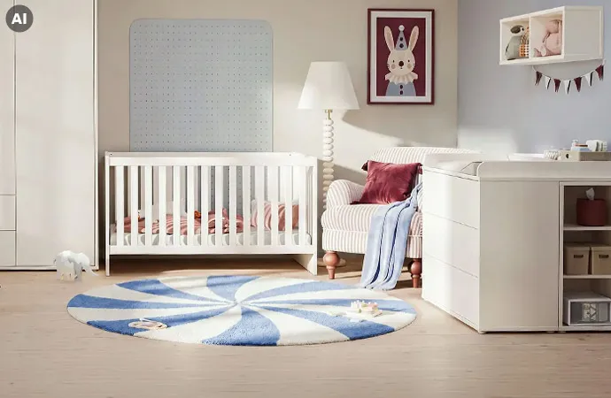 AI-generiert: Babyzimmer mit beigen Möbeln. Schrank und Babybett, Wickelkommode mit Wickelaufsatz und seitlichem Regal, grau-weiß gestreifter Sessel, weiße Stehlampe, blau-weißer runder Teppich, Spielzeug, Deko. 