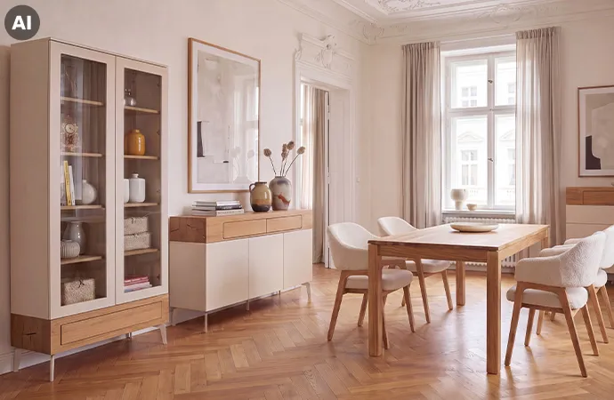 AI-generiert: Esszimmer mit Möbeln in Kaschmirbeige und Wildeiche, bestehend aus Vitrine, Sideboard, Holztisch mit weißen Polsterstühlen und Holzgestell, Deko.