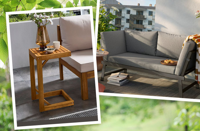 Beistelltisch aus Holz, Outdoor-Zweisitzer in grau aus Metall mit Sitz- und Rückenkissen
