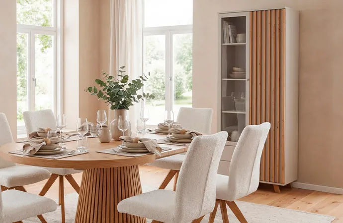 Esszimmer mit ovalem Esstisch mit Lamellen-Säulengestell und weißen Polsterstühlen, Vitrine in Kaschmirbeige mit Holz- und Glasakzenten