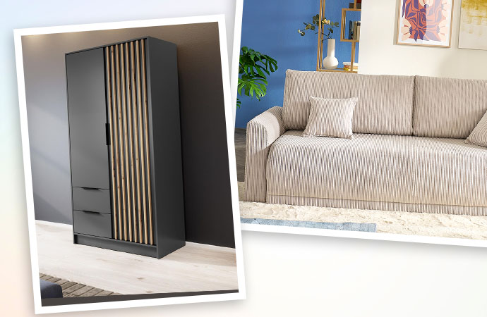 Anthrazitfarbener Kleiderschrank mit Holzabsetzungen und graues Big Sofa