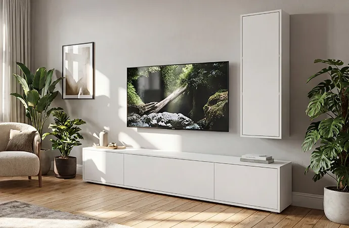 Wohnzimmer mit weißen Möbeln, bestehend aus Lowboard und Hängeschrank, Sessel, Deko und Grünpflanzen