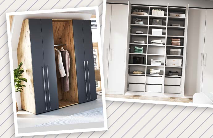 Linkes Bild: Garderoben-Drempelschrank, Rechtes Bild: weißer Schrank, offen mit Einlegeböden und Schubfächern