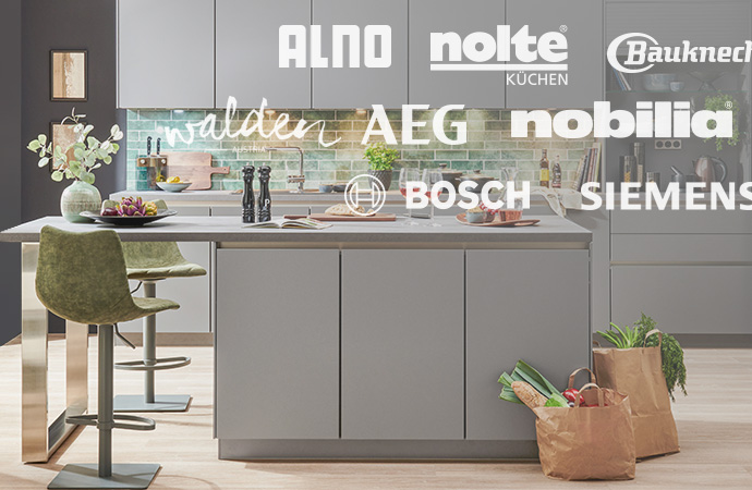 Grifflose, graue Küche, Markenlogos: ALNO, nolte Küchen, Bauknecht, walden, AEG, nobilia, Bosch, Siemens