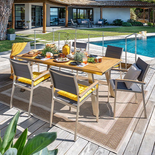 Gartentisch mit Holzplatte und Aluminiumgestell mit 6 Gartenstühlen 