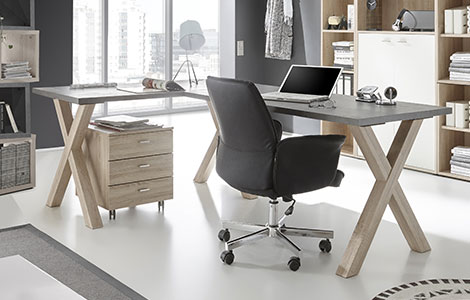 Arbeitszimmer mit Eckschreibtisch, Gestell X förmig, Rollcontainer in Holzoptik