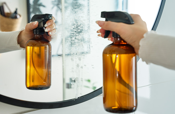 Hand hält eine braune Sprühflasche und sprüht Reiniger auf einen Spiegel