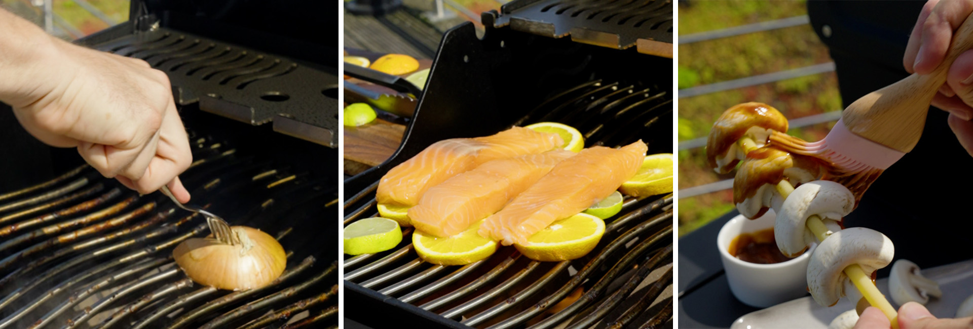 Drei Bilder mit Zwiebel zum Grill säubern, Fisch auf Zitronen, Spaghetti als Spieße