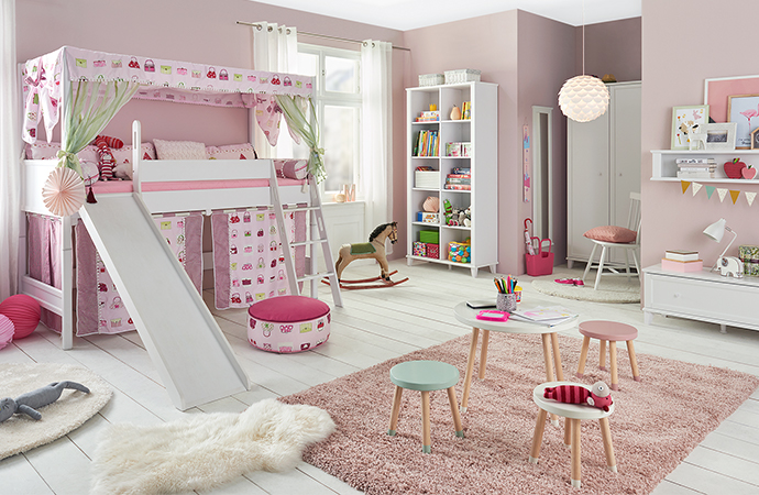 Weiße Kinderzimmermöbel, Hochbett mit Rutsche