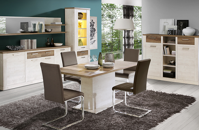 Zeitlose Esszimmerserie Pinie-Weiß-Dekor & Eiche-Antik-Optik