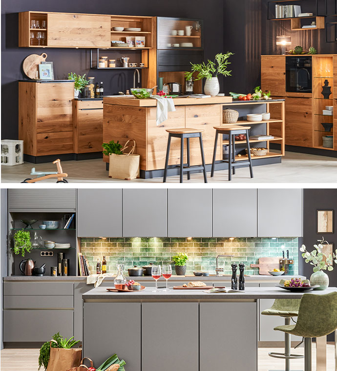 Collage aus zwei Bildern. Bild 1: Küche mit Kochinsel in kompletter Holt-Optik und Jalousien-Schrank. Bild 2: Grifflose, graue Küche mit Kochinsel und Nischenrückwand mit grünen Fliesen.