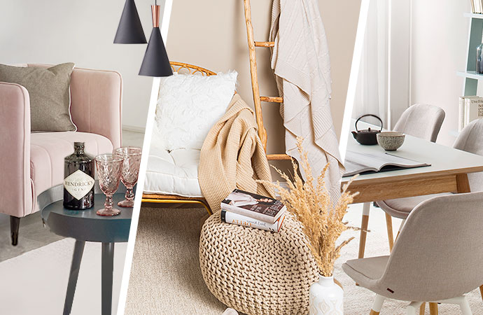 dwei-teiliges Bild. Links rosa Sessel, mittig Rattan-Sofa, rechts Esstisch mit Stühlen im Skandi-Stil