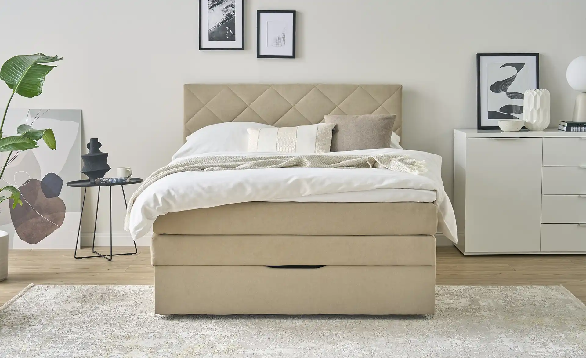 Boxspringbett mit Bettkasten und Topper, Beige Princess