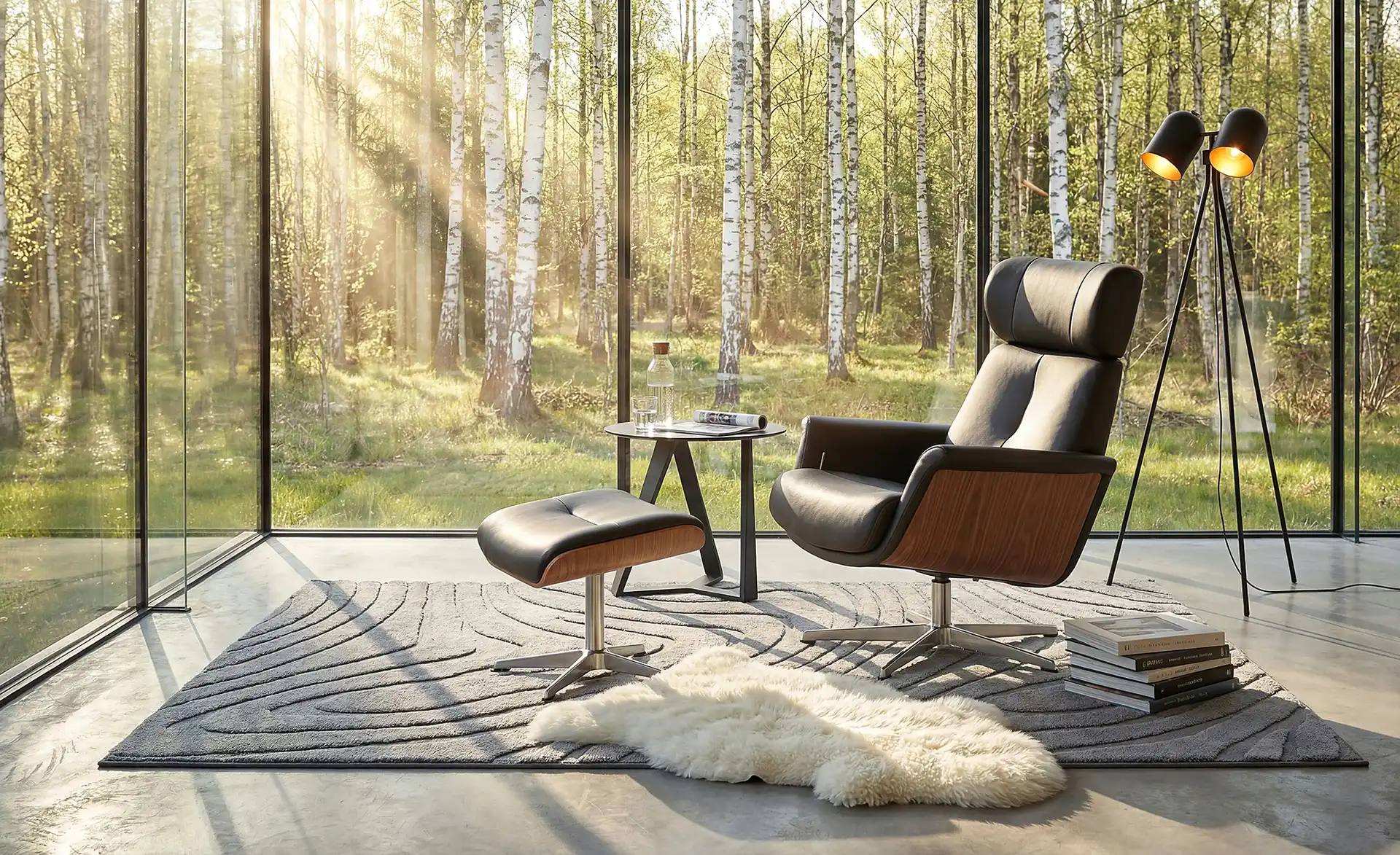 Arne Leder-Sessel mit Hocker in Schwarz