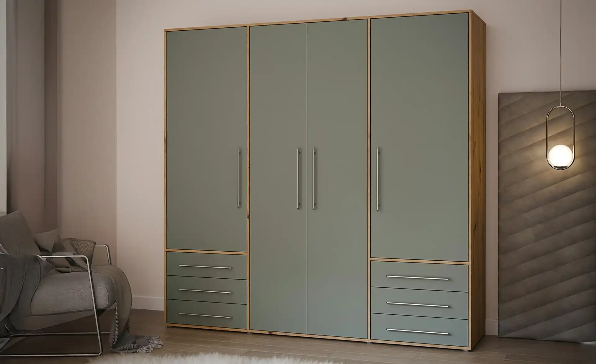 kleiderschrank morley | 206 cm, asteiche (nachbildung), salbeigrün