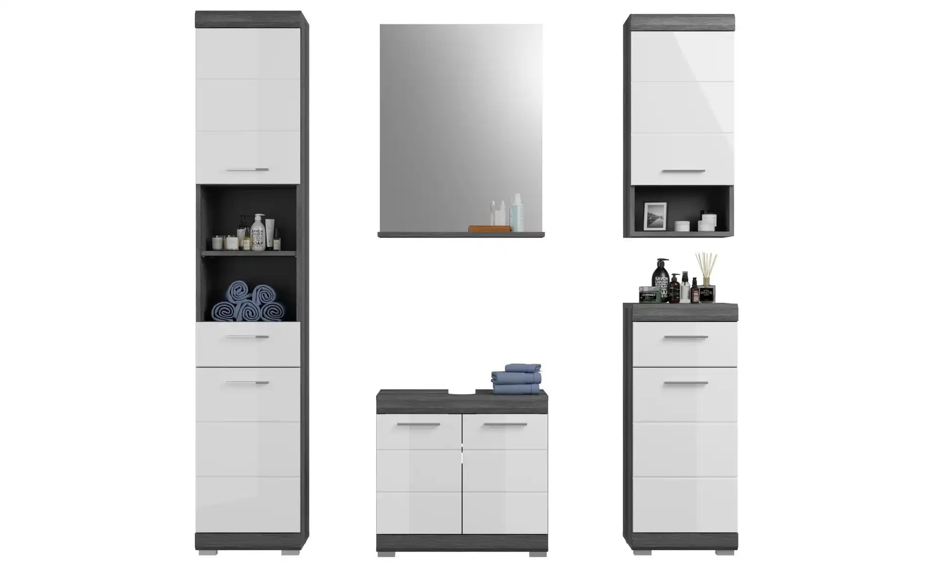 Badmöbel-Set SCHLOONSEE, 5 teilig, bestehend aus: Hochschrank, WBU, Spiegel, Unterschrank, Hängeschrank Schloonsee