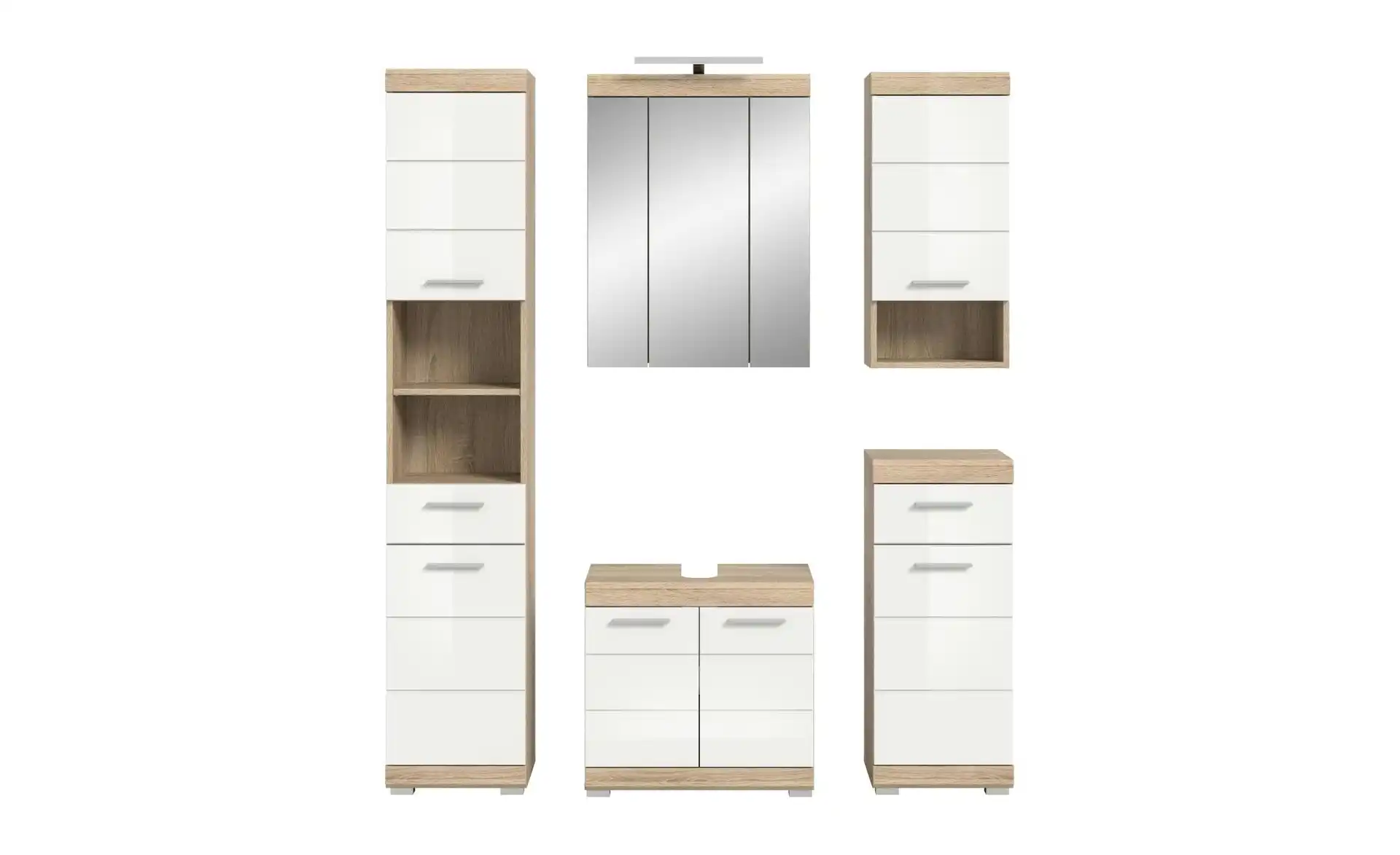 Badmöbel-Set SCHLOONSEE, 5 teilig, inklusive LED Beleuchtung, bestehend aus: Hochschrank, WBU, Spiegelschrank, Unterschrank, Hängeschrank Schloonsee